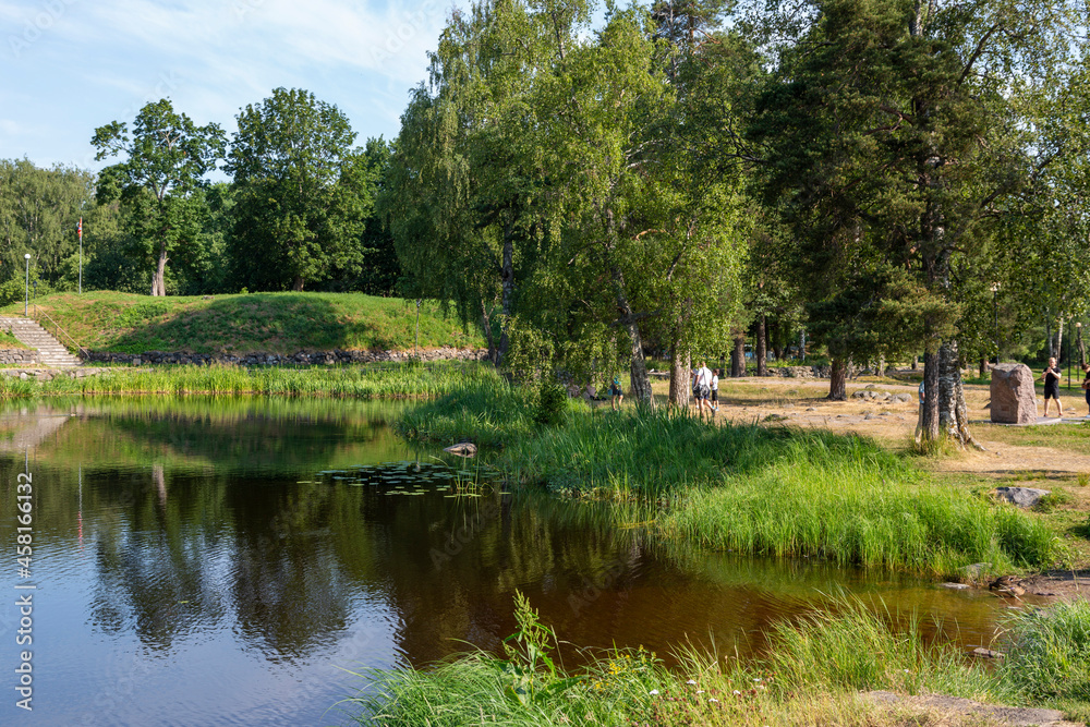 Priozersk, Russia - July 10, 2021: Vuoksa river near the museum-fortress 
