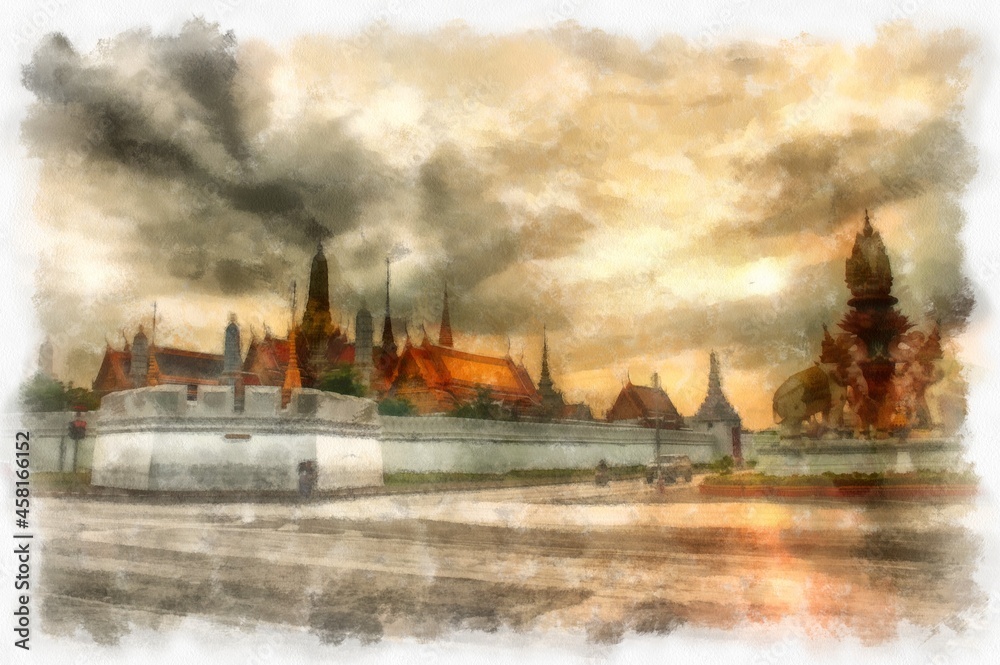 Ancient building in Thailand architecture watercolor style illustration impressionist painting.