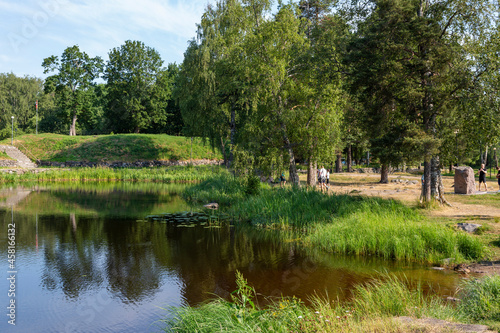Priozersk, Russia - July 10, 2021: Vuoksa river near the museum-fortress "Korela" in the town of Priozersk in the Leningrad region