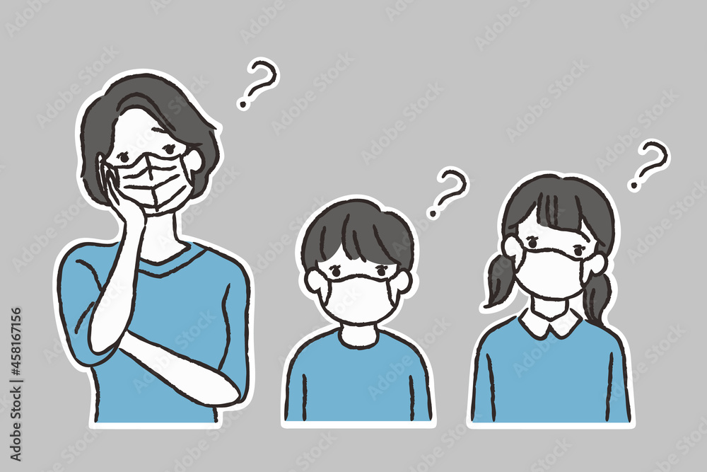 Naklejka premium マスクをして困った顔をする母親と子供たち