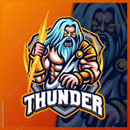 Zeus Thunder God mascot esport logo design illustrations vector template, Greece Ancient Gods logo for team game streamer merch, full color cartoon style