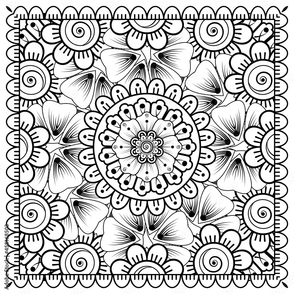 Fototapeta premium Outline square flower pattern in mehndi style for coloring book page