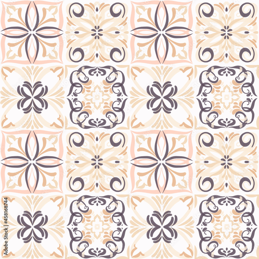 Hand-painted style tiles with ornament. Seamless pattern for kitchen wall or bathroom flooring ceramic. Hand-painted style tiles with ornament. Seamless pattern for kitchen wall or bathroom flooring ceramic.