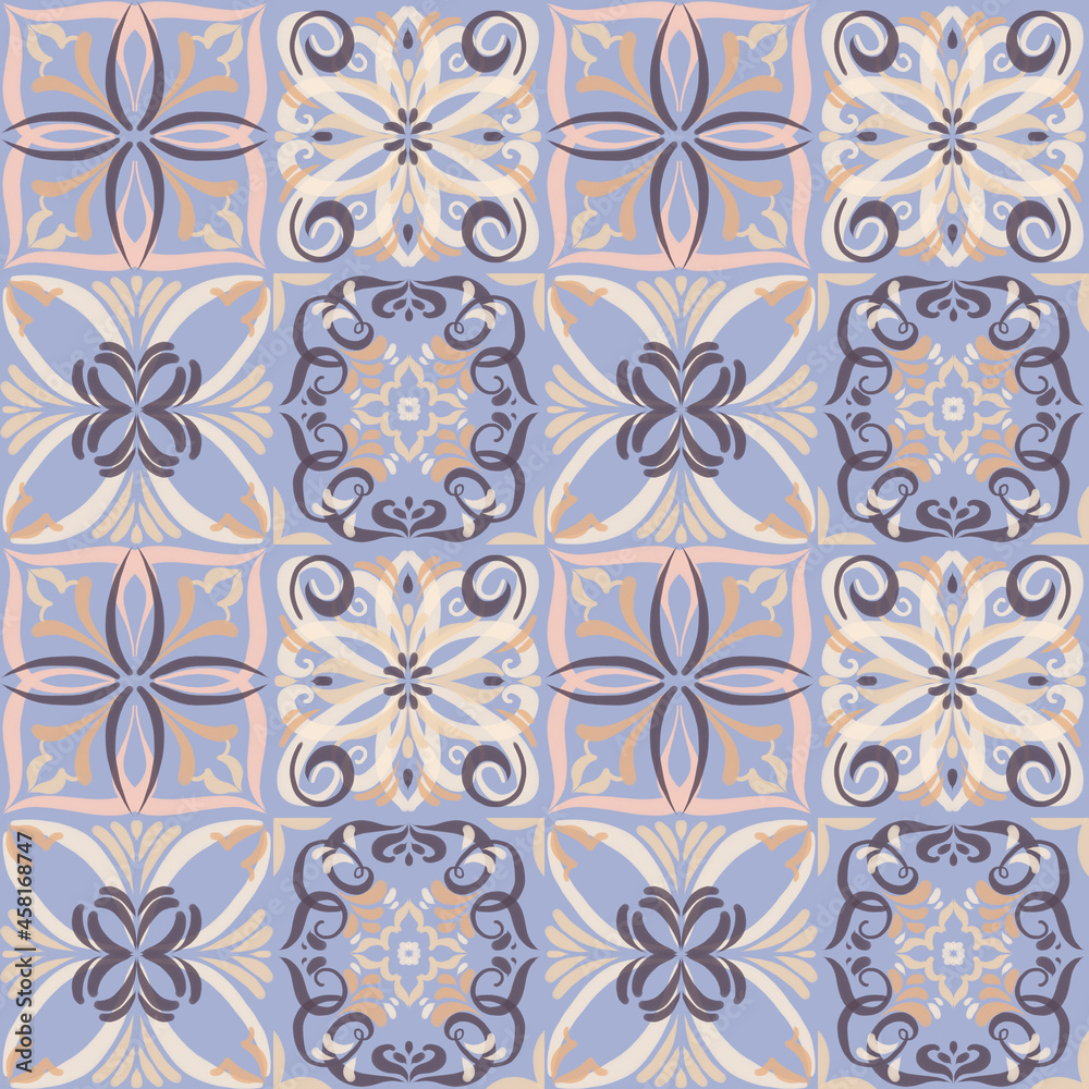 Hand-painted style tiles with ornament. Seamless pattern for kitchen wall or bathroom flooring ceramic.