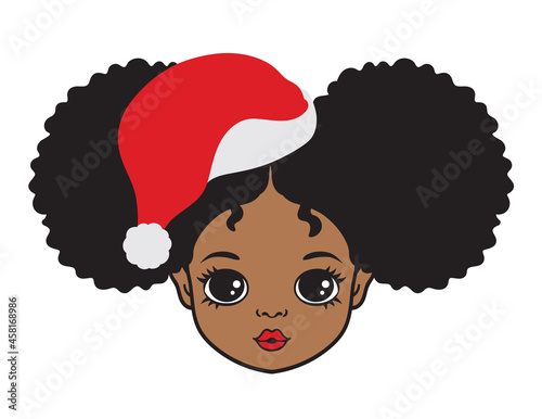 Cute African American black girl with afro puff hair and a Christmas Santa hat vector illustration.