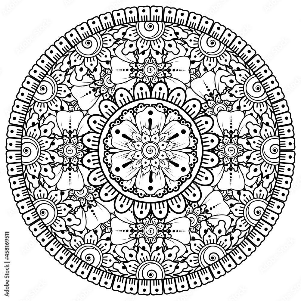 Circular pattern in the form of mandala with flower for henna, mehndi, tattoo, decoration. 