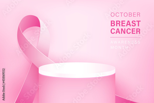 Podium mockup for product display with breast cancer awareness ribon in pink background