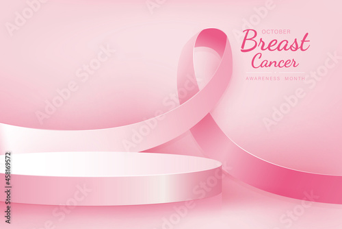 Podium mockup for product display with breast cancer awareness ribon in pink background