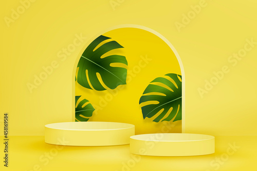 2 step podium mockup on summer yellow background with green monstera leaves for product display, vector illustration
