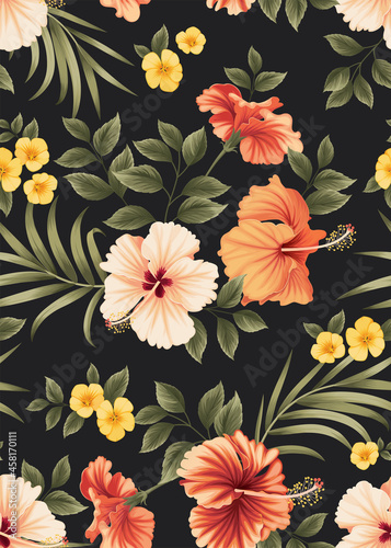 Seamless pattern of hibiscus flowers and palm leaf background template. Vector set of floral element for tropical print, wedding invitations, greeting card, brochure, banners and fashion design.