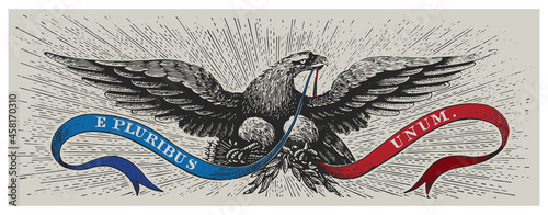 American eagle, symbol of America, symbolizes the strength and freedom of America. E pluribus unum – Latin for "Out of many, one" – is a traditional motto of the United States. From the book Specimens