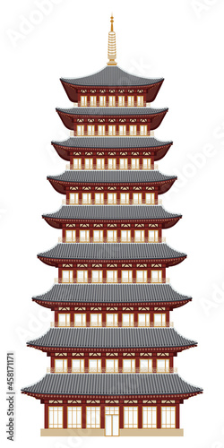 Vector illustration of Korean traditional style nine-story pagoda in flat style. Gyeongju Hwangnyongsa Buddhist temple. Traditional architectural card, invitation, poster, or banner template. EPS10 photo