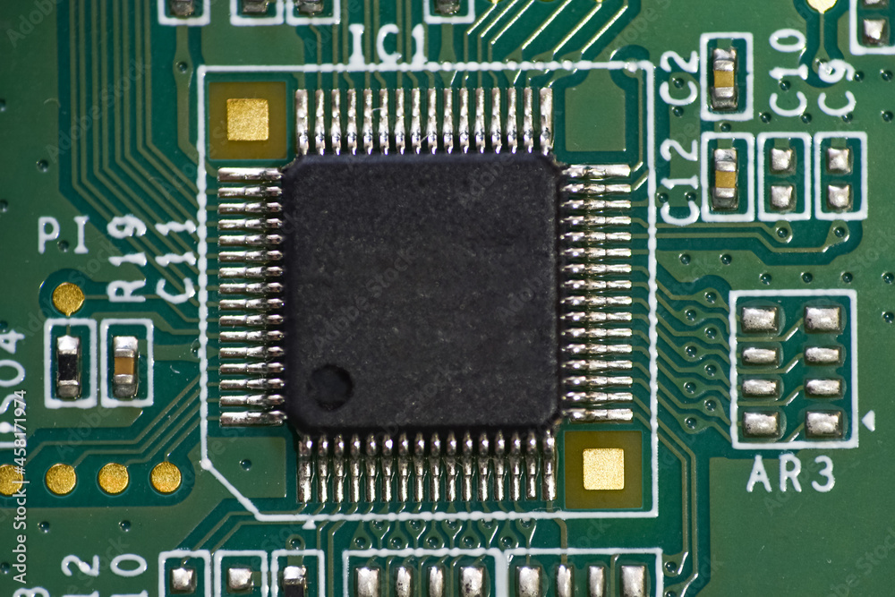 Microprocessor on an electronic circuit board. A chip on a circuit board. World Is Short of Computer Chips Microprocessor on an electronic circuit board. A chip on a circuit board. World Is Short of Computer Chips