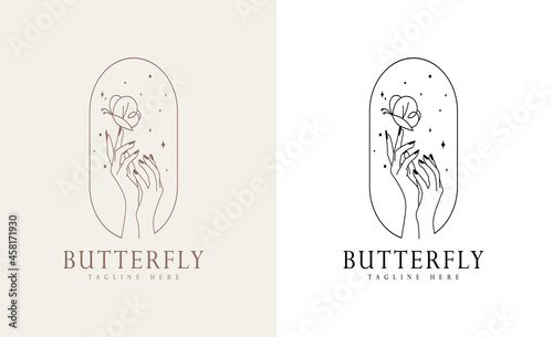 feminine Beauty boho logo collection with magical hand, nails, rose, crystal, moon, sun, star Vector illustration for icon, logo, sticker, printable and tattoo