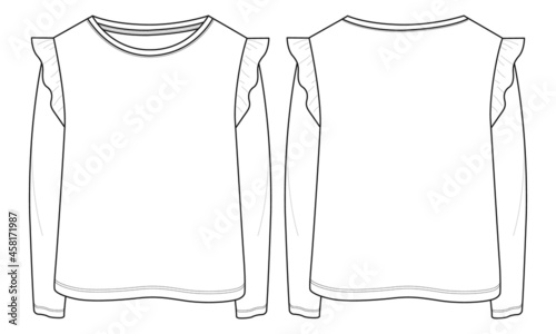Long Sleeve Dress design technical fashion flat sketch vector illustration template for Baby girls. Cotton fabric clothing mock up front and back views isolated on white background.
