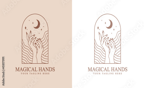 feminine Beauty boho logo collection with magical hand, nails, rose, crystal, moon, sun, star Vector illustration for icon, logo, sticker, printable and tattoo