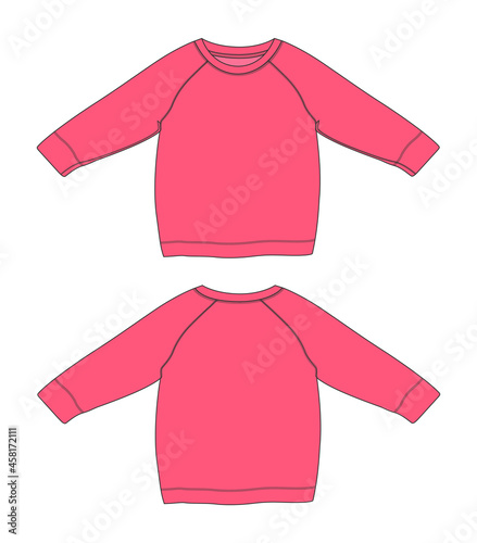 Long Sleeve sweatshirt Overall technical fashion flat sketch vector illustration template for women's. Cotton fleece fabric clothing Pink color mock up front and back views isolated on white back.