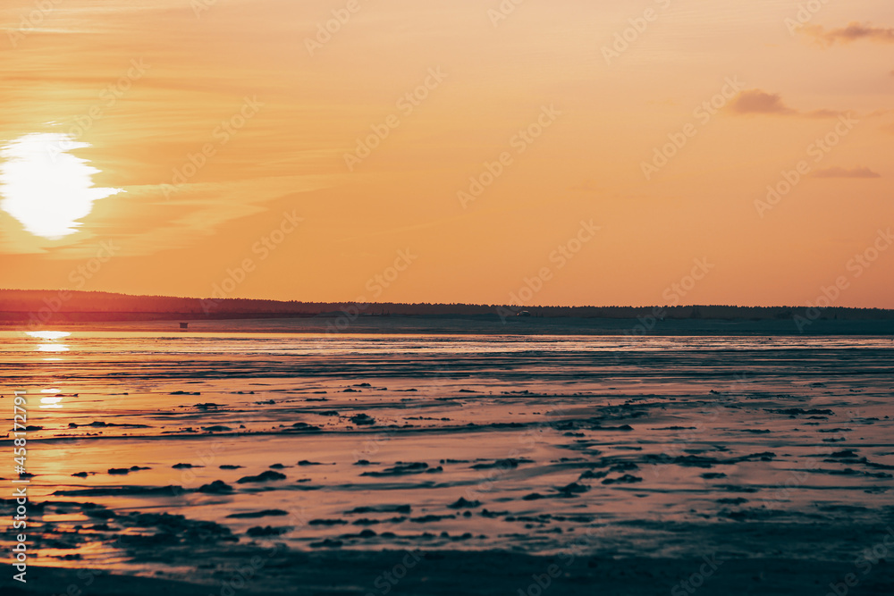 Landscape sunset sun on the beach, horizontal background image