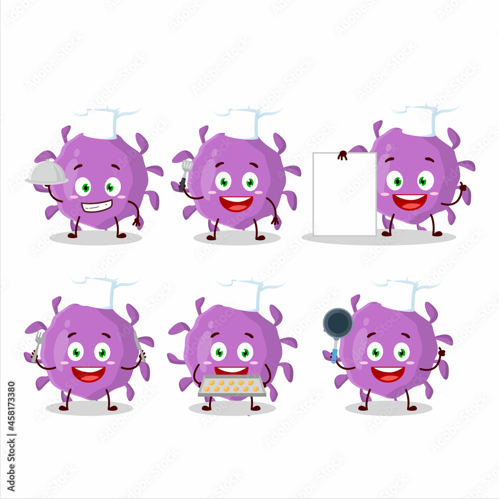 Cartoon character of virus particle with various chef emoticons Cartoon character of virus particle with various chef emoticons