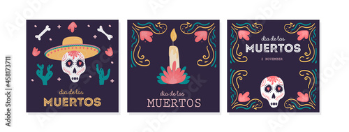 Set of social media post templates or square cards with sugar skulls for Dia de los muertos holiday. Mexican national Day of the dead. Festive banner templates with Calavera Catrina. Flat vector.