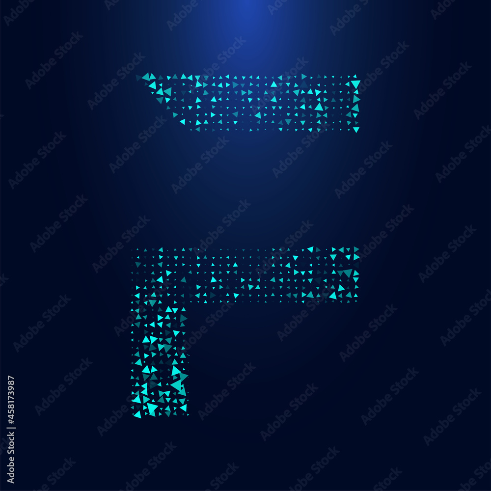 Futuristic triangular letter F in halftone. Letter illustration isolated on dark background. Futuristic triangular letter F in halftone. Letter illustration isolated on dark background.