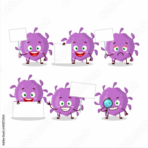 Virus particle cartoon character bring information board