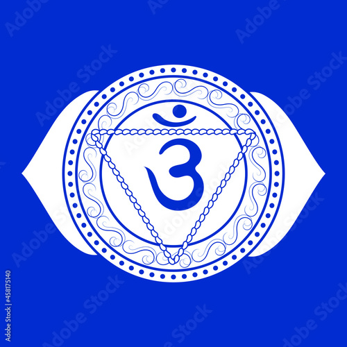 Line drawing.The sixth chakra is Ajna. Third eye chakra with Hindu Sanskrit. Blue is a flat symbol of meditation, yoga. ,illustration photo