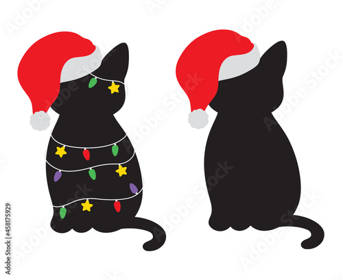 Black cat silhouette with a Santa hat and colorful Christmas light vector illustration.