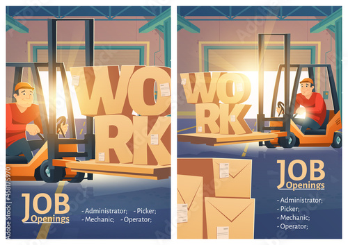 Work vacancy promo posters, job opening for warehouse employees, hiring announcement. Forklift loader picking boxes and put on rack in storehouse. Career fair, vacant place hire, Cartoon vector banner