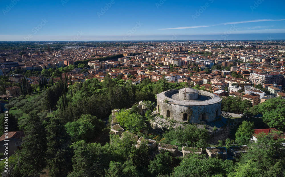 Morning aerial view of Verona Italy. Aerial view of Forte Sofia in Verona, Italy.