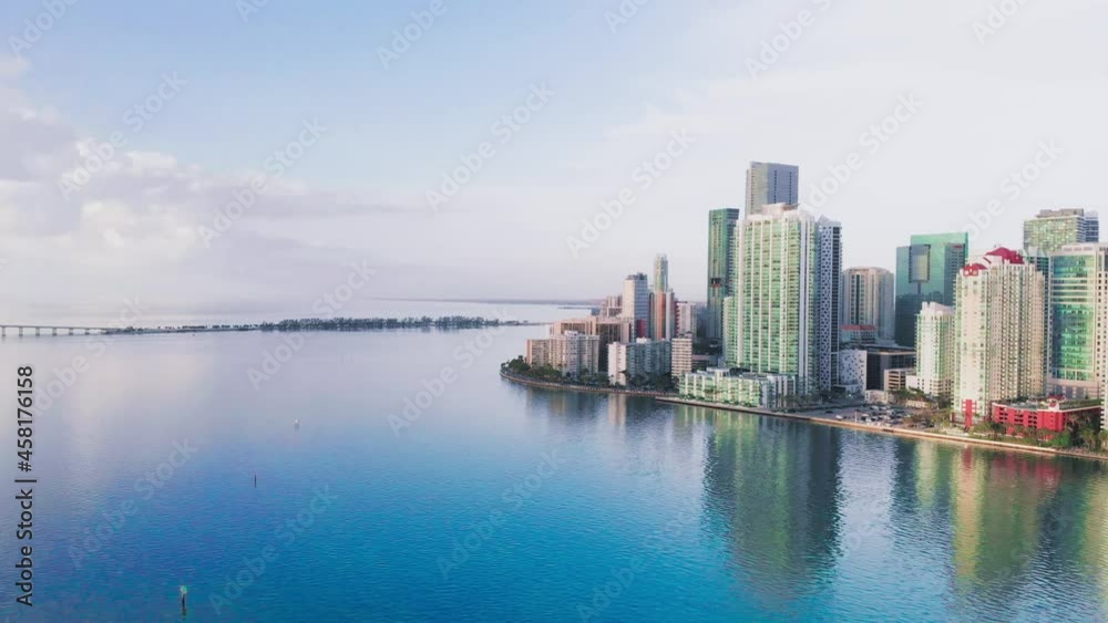 Amazing drone aerial view of Downtown Miami and Brickell Key at dawn, Florida Amazing drone aerial view of Downtown Miami and Brickell Key at dawn, Florida
