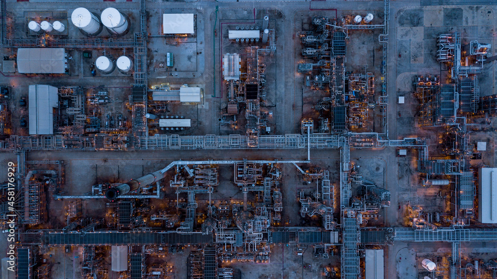 Aerial top view oil refinery and gas refinery, Business petrochemical industrial, Refinery oil and gas factory power and fuel energy.