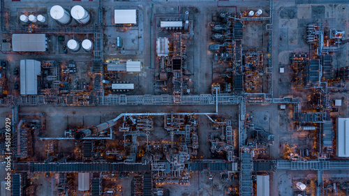 Aerial top view oil refinery and gas refinery, Business petrochemical industrial, Refinery oil and gas factory power and fuel energy.