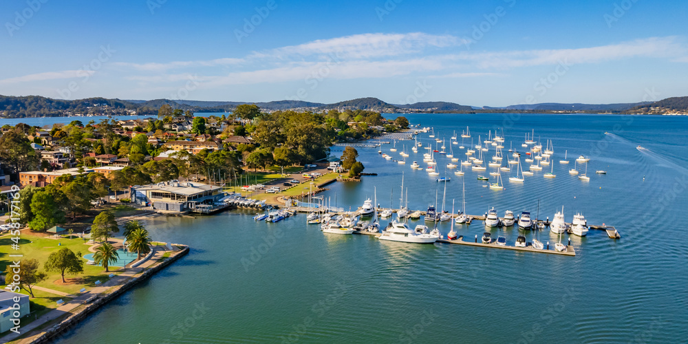 Aerial daytime waterscape with boats