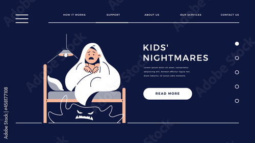 Kids nightmares, Fear of darkness web template. Scared boy imagining monster under the bed. Child hides under blanket. Nightmares in Children, fear of darkness for homepage.Flat vector illustration
