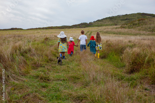 children go up in the field back view