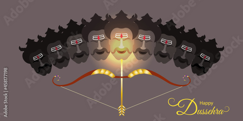 Indian festival Dussehra and Vijayadashmi greeting with golden bow and arrow. Decorative festive background with silhouette of Ravana. photo