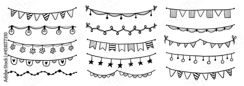Party garland set with flag, bunting, pennant. Hand drawn sketch doodle style garland. Vector illustration for birthday, festival, carnival drawn decoration.