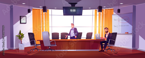 Job hire, hr manager, employer invite candidate in office vacant place. Businessman with laptop sit at desk reading applicant cv or head hunting. Human resources recruiting Cartoon vector illustration