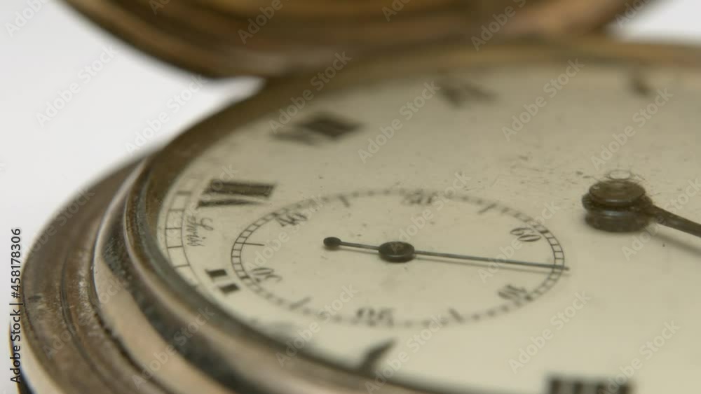 Antique gold pocket watch ticking macro close up Antique gold pocket watch ticking macro close up