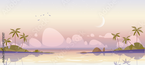 Tropical island at early morning, calm sea and palm trees under pink cloudy sky with waxing crescent, ocean water surface and birds in dawn heaven. Beautiful nature landscape Cartoon vector background