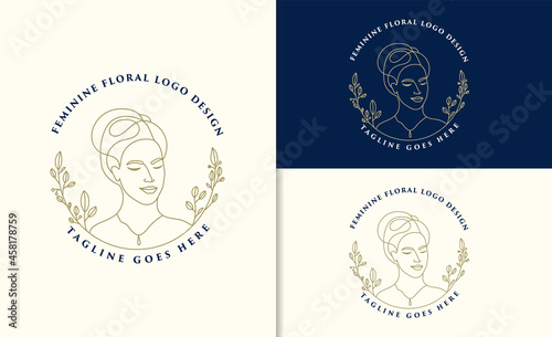 Hand drawn feminine woman beauty minimal face and floral botanical logo template for makeup spa salon skin & hair care line art