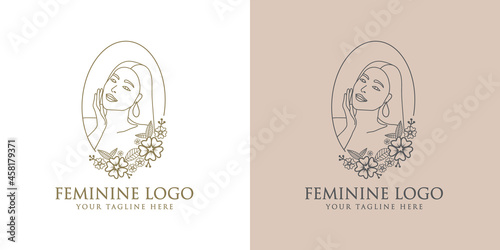 Hand drawn feminine woman beauty minimal face and floral botanical logo template for makeup spa salon skin & hair care line art