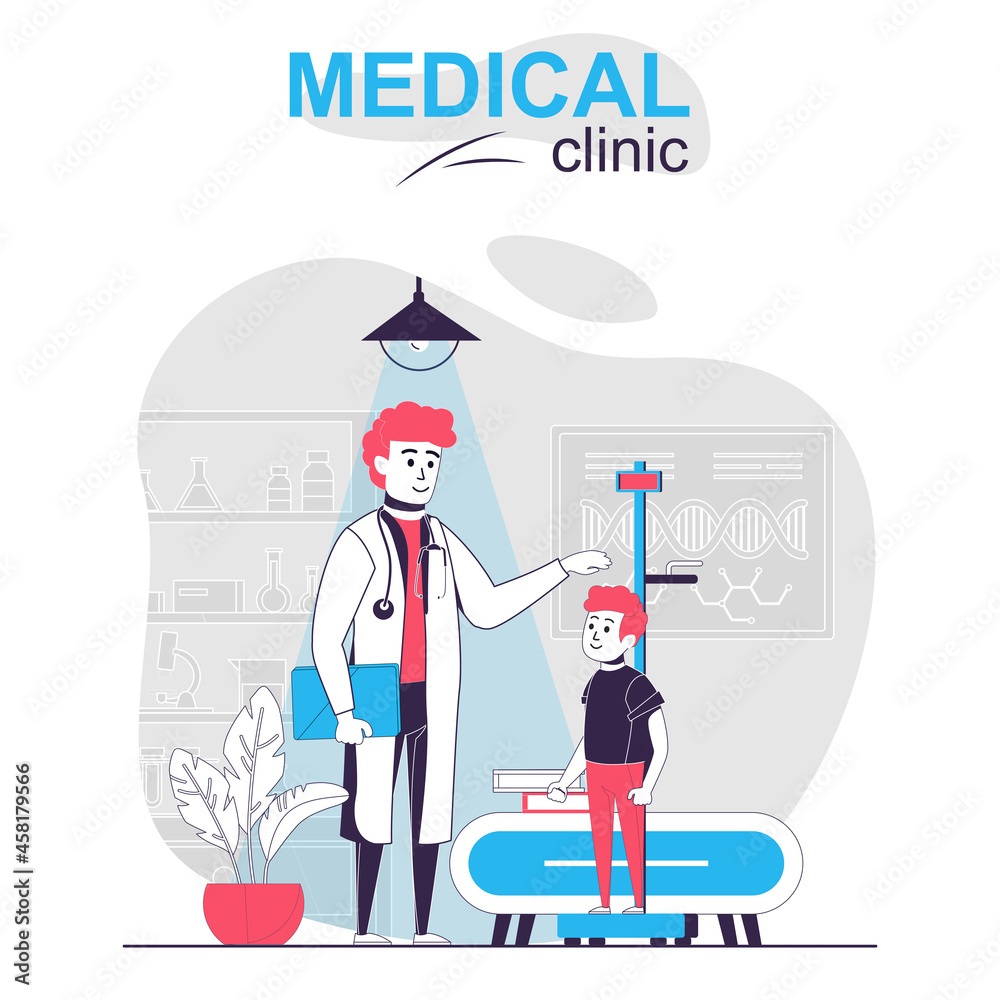 Medical clinic isolated cartoon concept. Pediatrician measures boy height, examines patient, people scene in flat design. Vector illustration for blogging, website, mobile app, promotional materials.