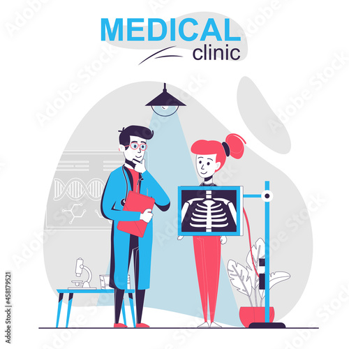 Medical clinic isolated cartoon concept. Woman makes chest x-ray, doctor examines patient, people scene in flat design. Vector illustration for blogging, website, mobile app, promotional materials.