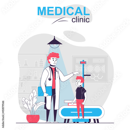 Medical clinic isolated cartoon concept. Pediatrician measures boy height, examines patient, people scene in flat design. Vector illustration for blogging, website, mobile app, promotional materials.