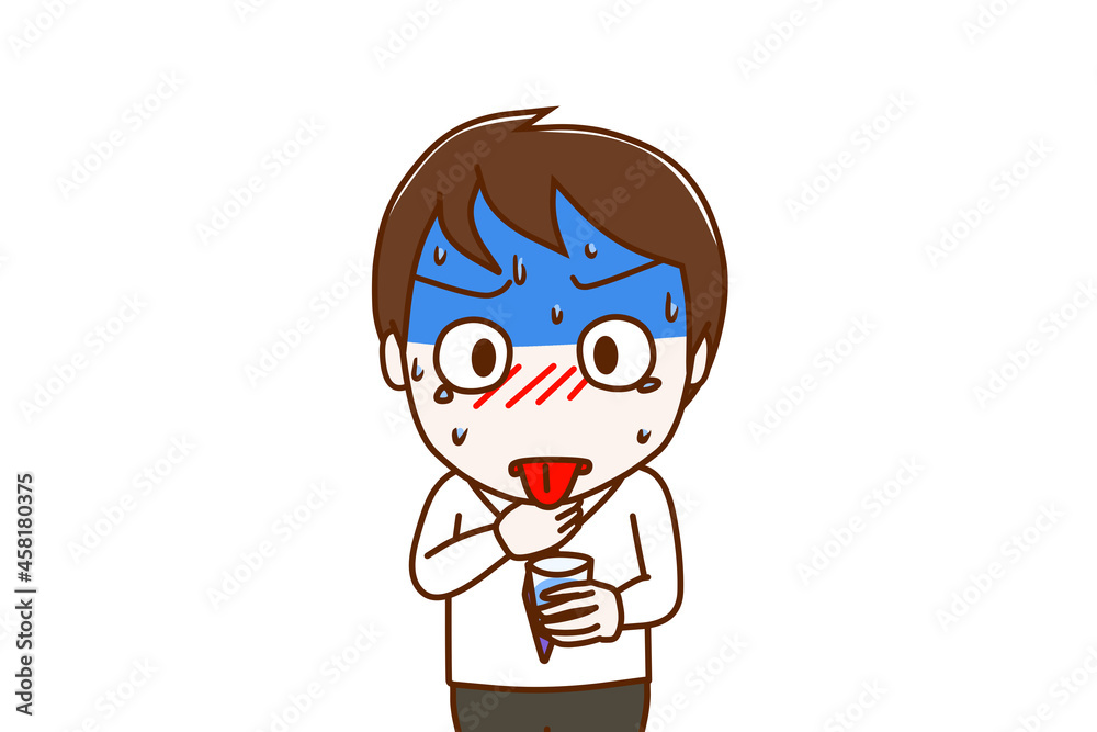 <上半身・正面>喉に何かが詰まって冷や汗を垂らしながら苦しみ水を飲もうとする男性 <上半身・正面>喉に何かが詰まって冷や汗を垂らしながら苦しみ水を飲もうとする男性