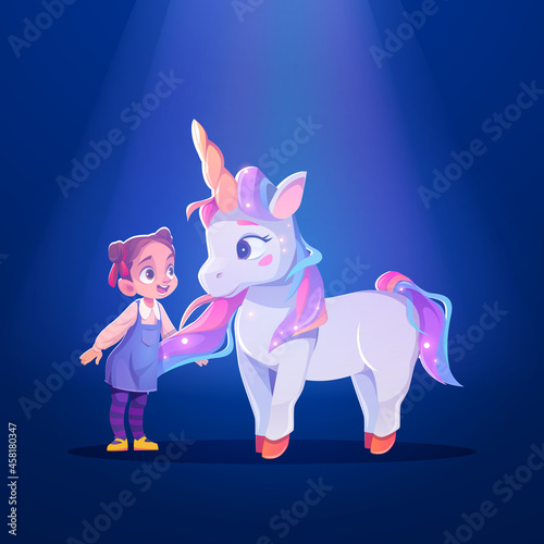 Unicorn and little girl cartoon characters, child and cute white pony or horse with horn and rainbow mane. Sweet dream, baby imagination, fantasy animal and kid meet at light beam, Vector illustration