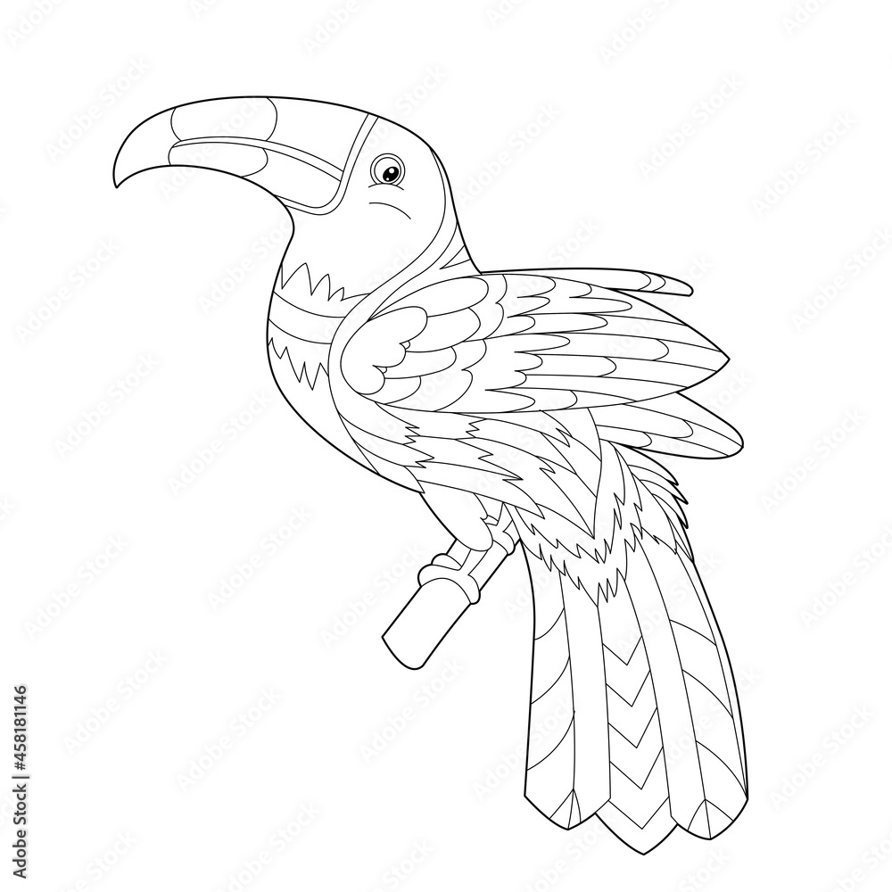Fototapeta premium Contour linear illustration for coloring book with decorative pretty toucan. Beautiful cute bird, anti stress picture. Line art design for adult or kids in zen-tangle style, tatoo and coloring page.