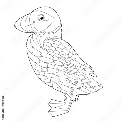 Contour linear illustration for coloring book with decorative pretty puffin. Beautiful cute bird,  anti stress picture. Line art design for adult or kids  in zen-tangle style, tatoo and coloring page.